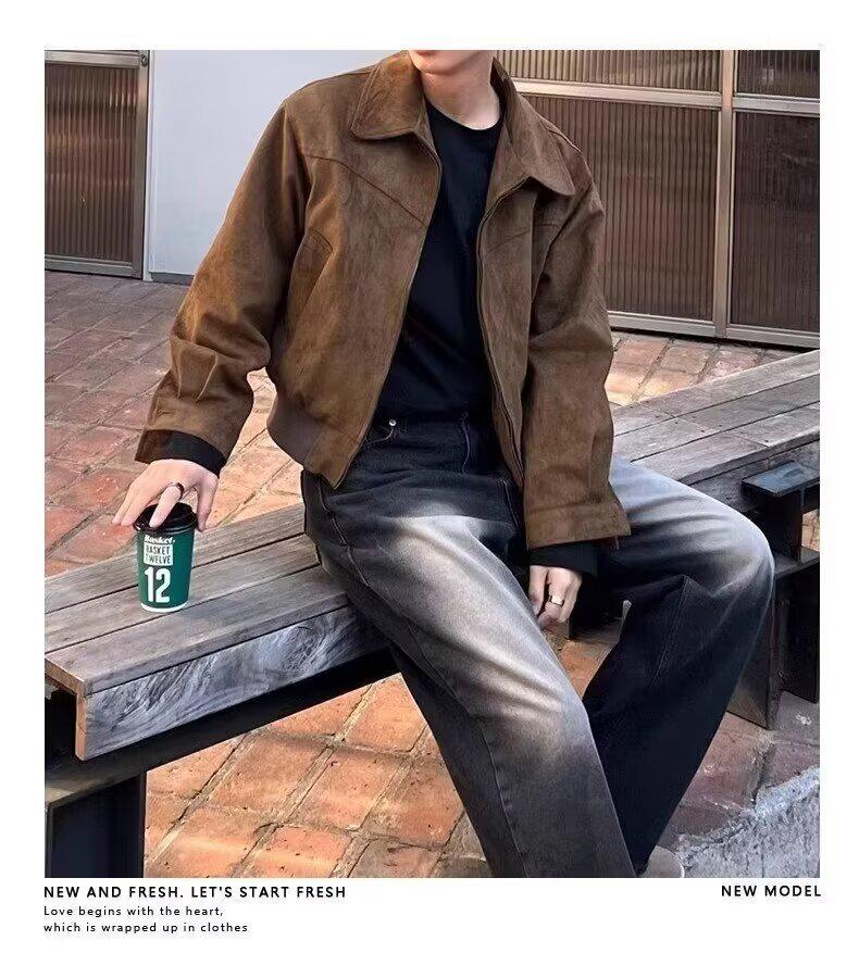 Korean Men's Suede Lapel Zipper Jacket - Autumn/Winter Hong Kong Style Trend