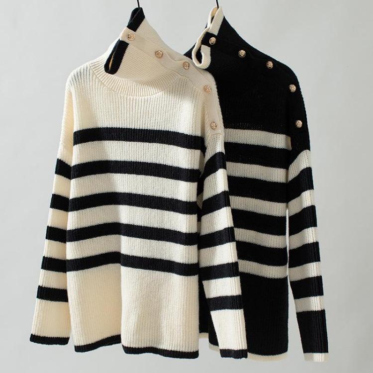 Vintage Loose Stand Collar Long Sleeve Stripe Knitwear Sweater Pullover Top Autumn Winter