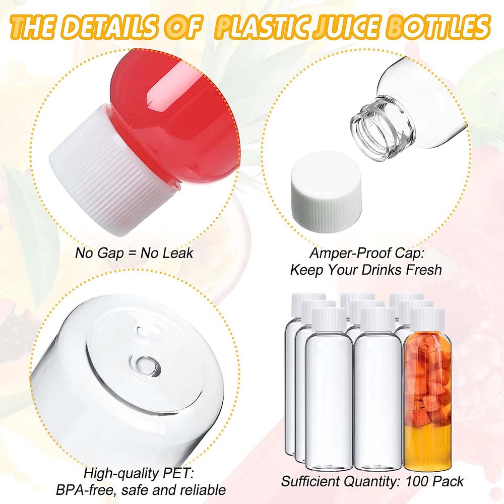 100 Pcs 2oz Clear Plastic Bottles Mini Juice Bottle with Screw Lid Small Empty Reusable Liquid Vial Freezer Beverage Container