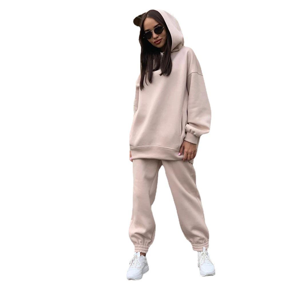 Women's Casual Fleece Hooded Two-Piece Sweatshirt Set - Loose Fit, Autumn/Winter 2023 Style