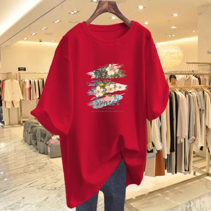 Women's 2025 Pure Cotton White Short-Sleeve Loose Mid-Length Plus Size Fashionable Tee