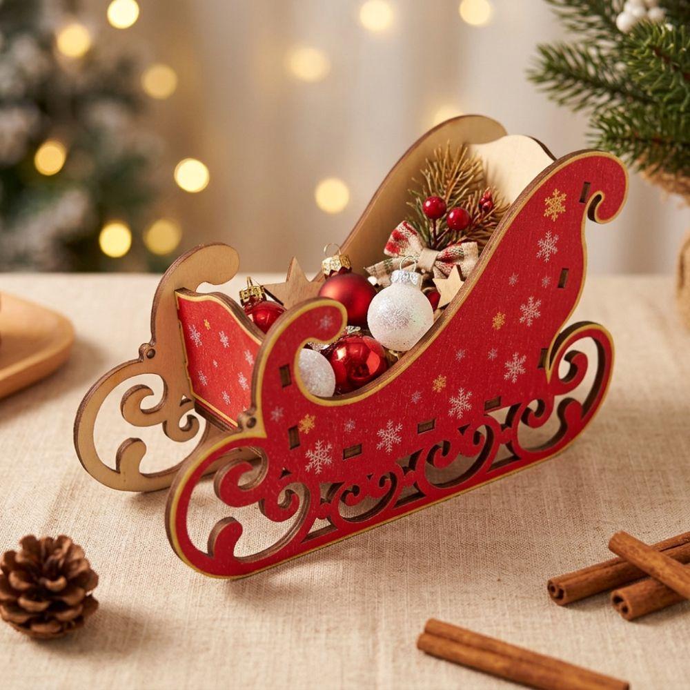 Snowflake Print Christmas Wooden Sleigh Ornament DIY Sleigh Storage Box Table Centerpiece