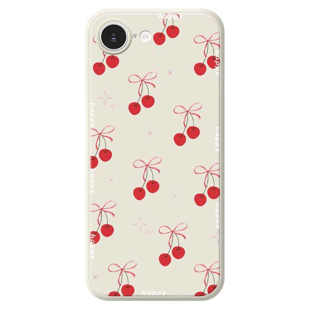 

For iPhone 16e Case Cute Bow Cherry Pattern Printing Straight Edge TPU Phone Back Cover Beige