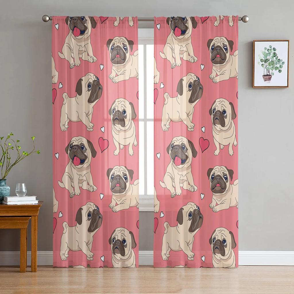 Light Filtering Bulldog Collie Animal Dog Tulle Curtains Living Room Bedroom Decoration Transparent Chiffon Voile Window Curtain Polyester Washable