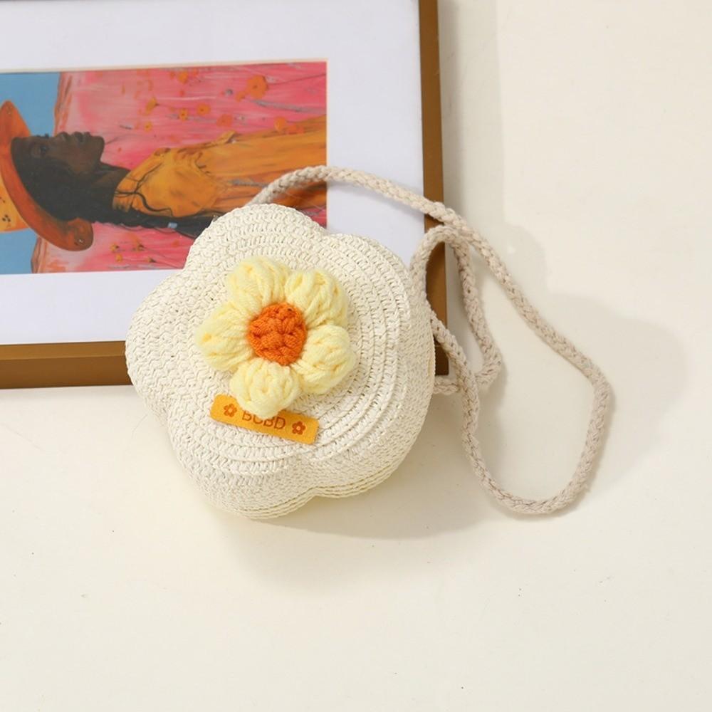 Cute Handmade Straw Bag Flower Shape Woven Shoulder Bag Summer Beach Bag for Children Girls