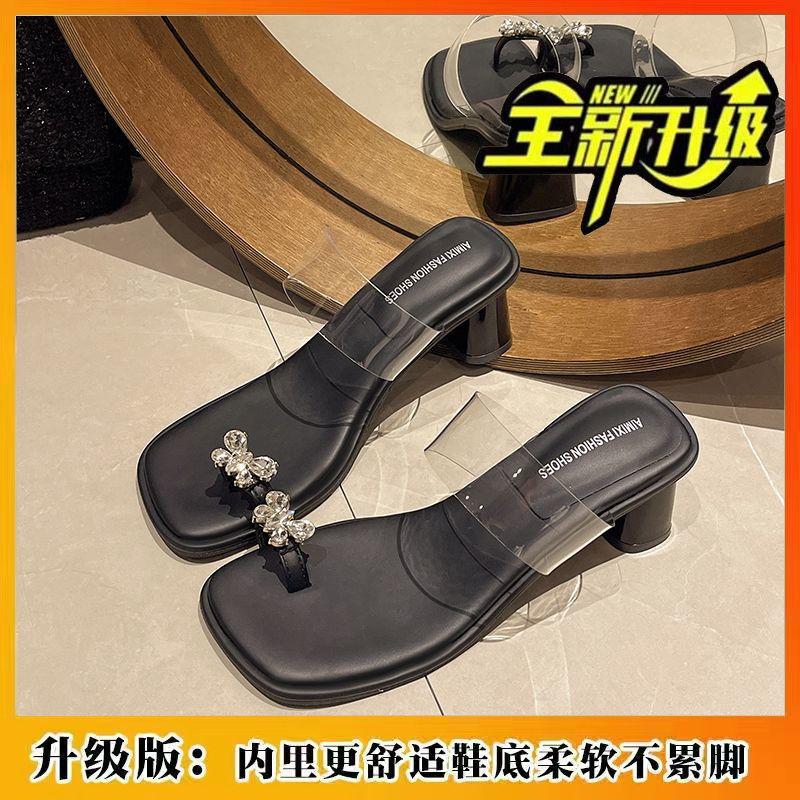 Transparent Fairy Thick Heel Bow Summer Wind Outer Wear Slippers Square Toe Crystal Sandals Clip