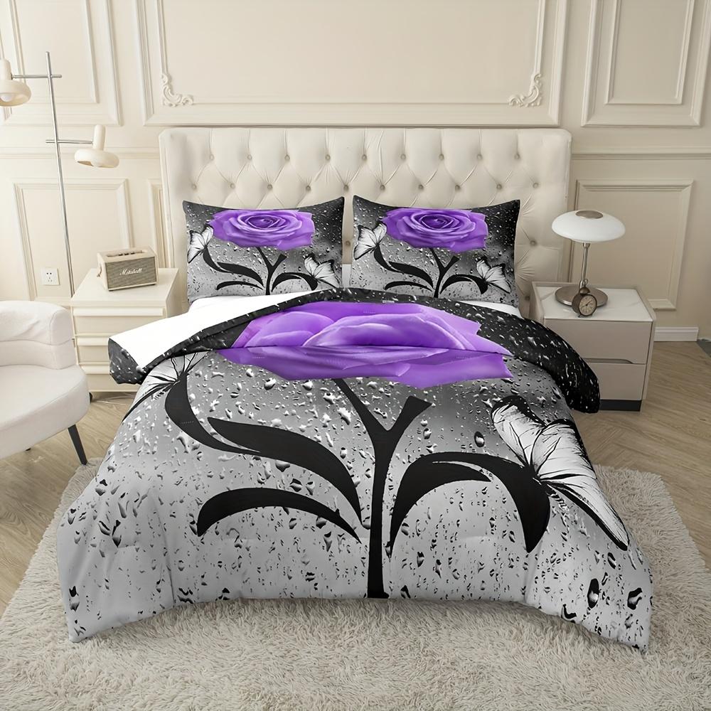 Zestaw poszewek na kołdrę z nadrukiem fioletowej róży, miękki i wygodny, 3 sztuki, do sypialni i pokoju gościnnego, zawiera 1 poszewkę na kołdrę i 2 poszewki na poduszki