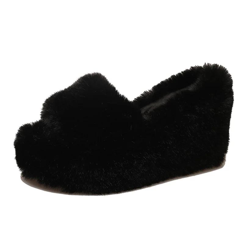 

Осінь-зима Пухнасті тапочки на танкетці Жіночі Нові домашні хутряні тапочки 2024 для жінок На масивній платформі Слайдери Затишне пухнасте домашнє взуття 40 чорний