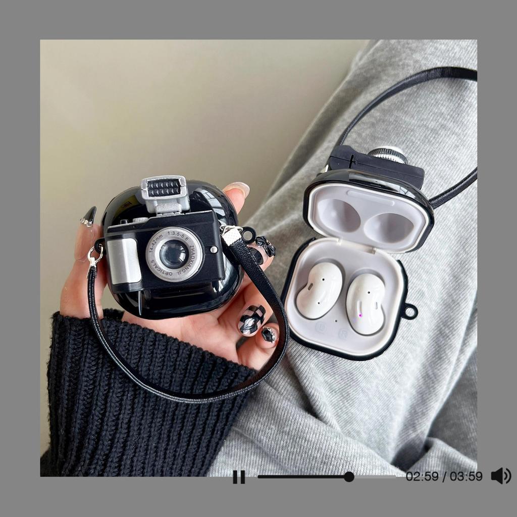 3D-kamera Cartoon Black Earphone Case For For Samsung Galaxy Buds 2 Pro Live Case For Galaxy Buds2 Pro Cover Myk TPU Funda Full beskyttelse med stropp
