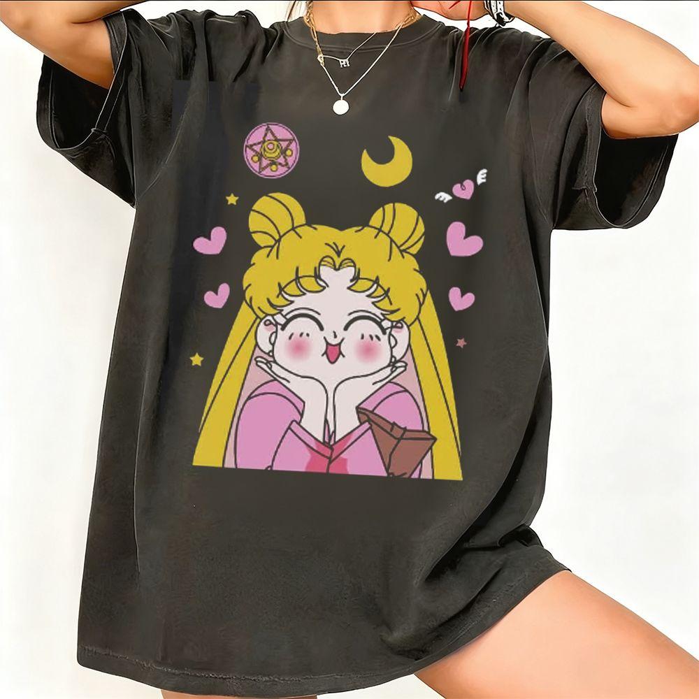 Camiseta Gráfica de Anime Sailor Moon Retro de los 90 Verano Algodón Unisex para Mujer Ropa Urbana Tendencia Casual Manga Corta Camiseta para Pareja Hip Hop