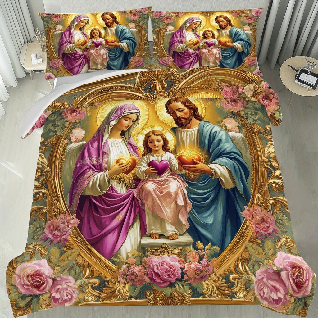 Latacaca 3pcs Holy Family Duvet Cover Set Pink Roses and Golden Frame High Definition Bedding Set Home Bedroom Use