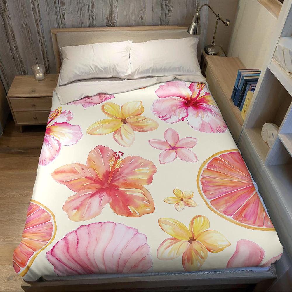 Tropical Hibiscus Shell Citrus Flannel Blanket Warm Soft Halloween Christmas Couch Warm Cozy Decorative Decor for All Season