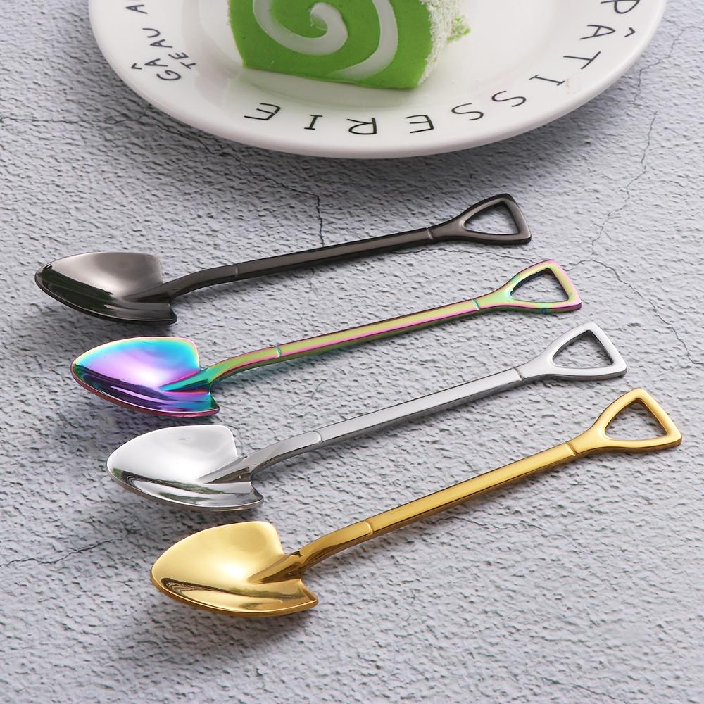 Multi-color Stainless Steel Spoon Fork Shovel Shape Ice Cream Spoon Creative Long Handle Ice Cream Coffee Tools Kitchen Supplies