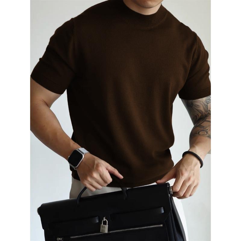 Men Short Sleeve Knit T Shirt Crew Neck Solid Color Slim Fit Casual Breathable Top