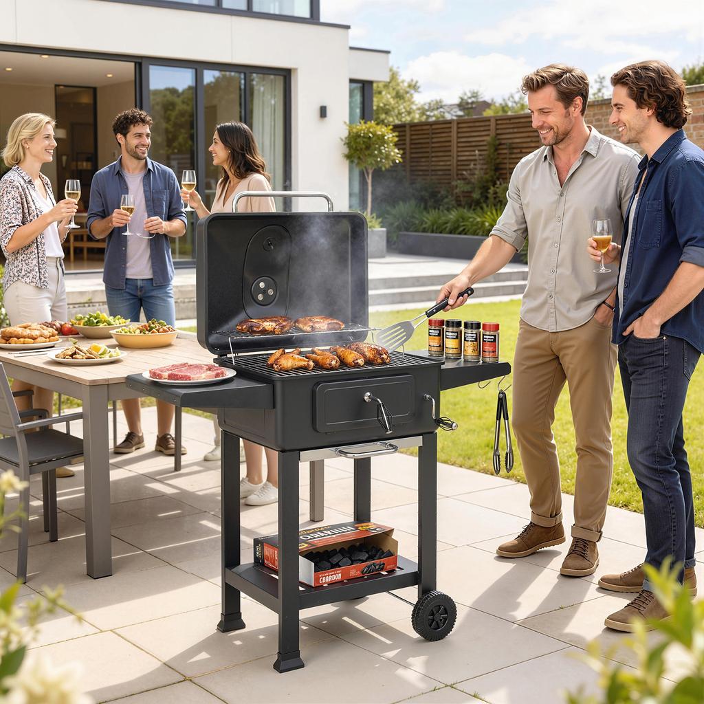 Holzkohlegrill BBQ Smoker mit Deckelthermometer Höhenverstellbare Kohleschale Grillrost Seitentisch Ascheschale