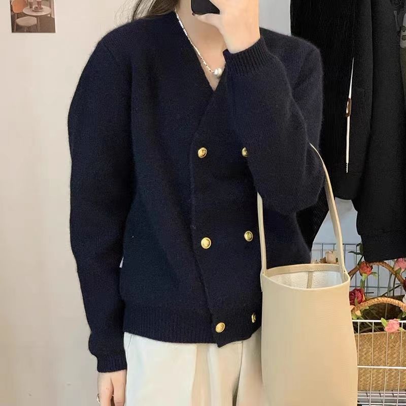 Spring and Autumn New Collar Knitted Cardigan Women's Casual Versatile Double-breasted Chic Sweater Jacket Trend