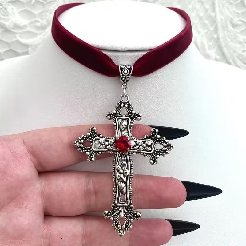 Vintage Gothic Large Cross Pendant Black Velvet Choker Necklaces for Women Ornate Grunge Jewelry Goth Necklace Gift