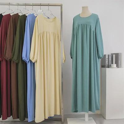Muslim Loose-Fit Long-Sleeve Solid Pullover Robe, Knee-Length Dress for Spring and Autumn