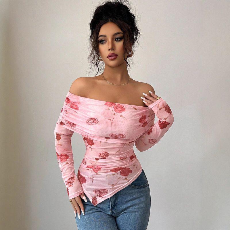 

European and American Cross-Border 2026 Spring New Style Off-Shoulder Slim-Fit Ruffled Irregular Versatile Printed Top Pink S