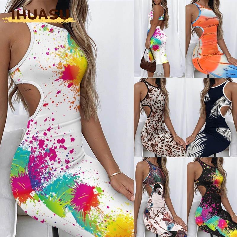 IHUASU Fashion Summer Spring Solid Color Print Sleeveless O-Neck Casual Dresses