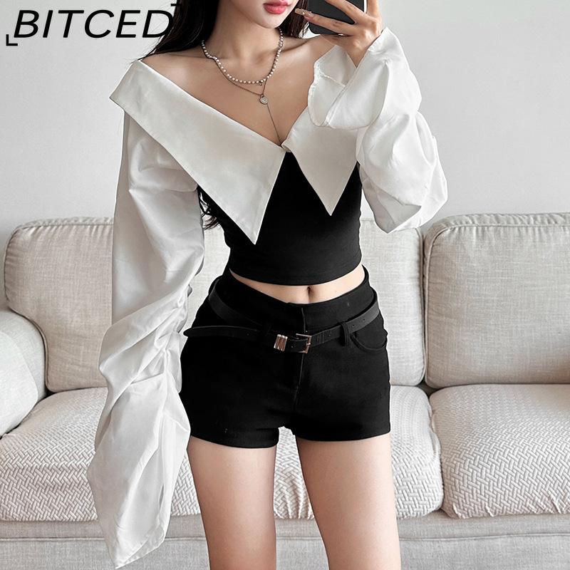 BITCED Autumn Women's Solid-Colour Slim-Fit Cropped Streetwear V-Neck Long-Sleeved Top