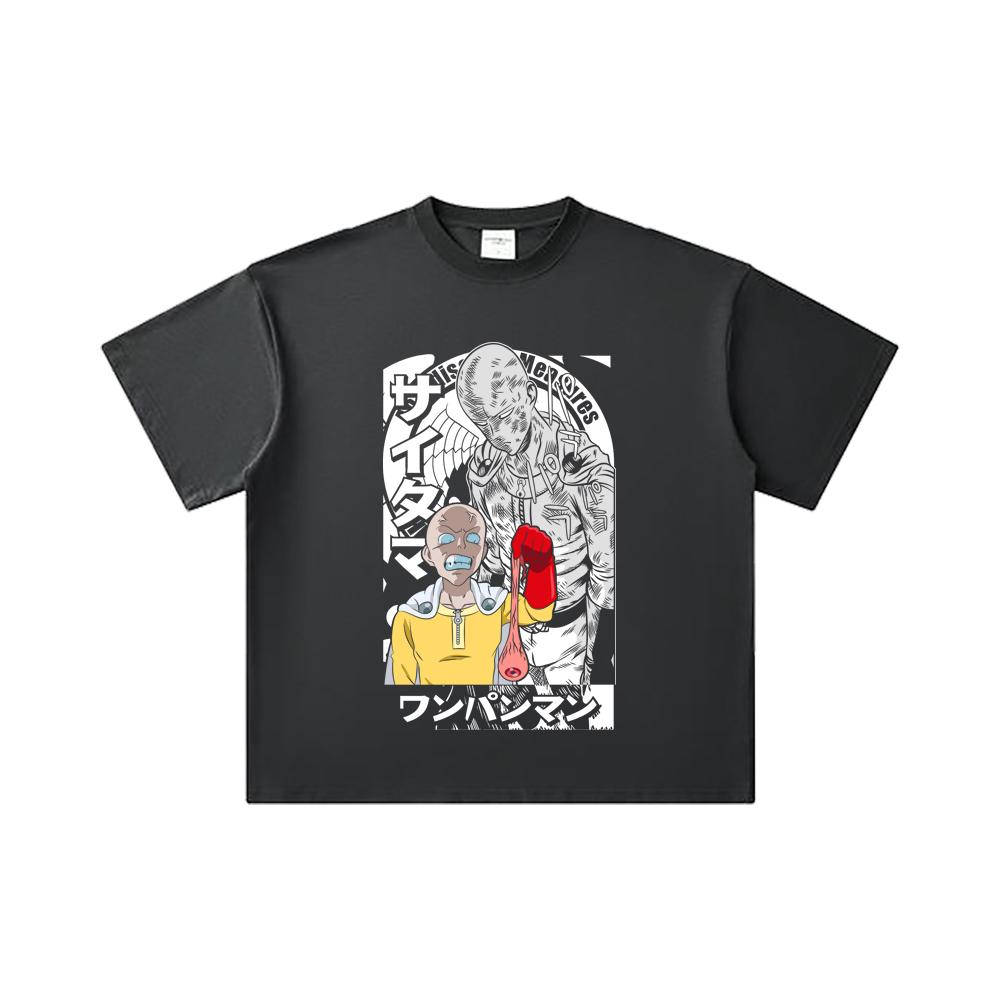 260 GSM Double Yarn 32 Count 100% Cotton One Punch Man V6 Saitama Print Unisex Heavy Cotton T Shirt