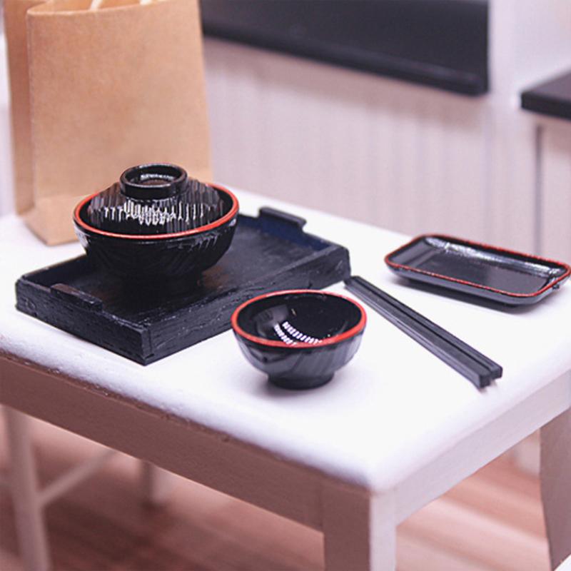 1:12 Dollhouse Miniature Dish Chopsticks Tray Bowl With Cover Tableware Model Kitchen Living Scene Decor Toy