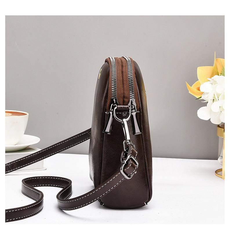 Vintage Waxed Cowhide Double Zipper Crossbody Leather Mobile Phone Bag