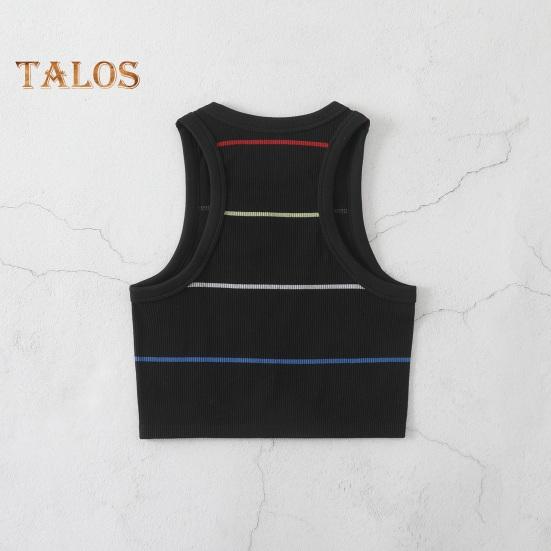 Damski prążkowany top na ramiączkach bez rękawów z okrągłym dekoltem, dopasowany, letni krótki top do noszenia na co dzień, na plażę, do sportu