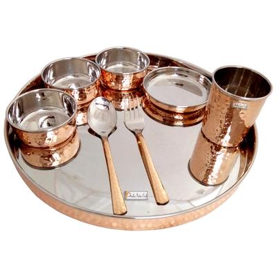 Conjunto de jantar Thali de aço e cobre artesanal Prisha India com 13 polegadas de diâmetro