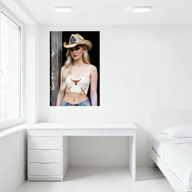 Sexy Western Cowgirl Blonde Long Hair Tin Sign Country Decorative Metal Poster with Longhorn Steer & Denim Shorts Aesthetic Wall