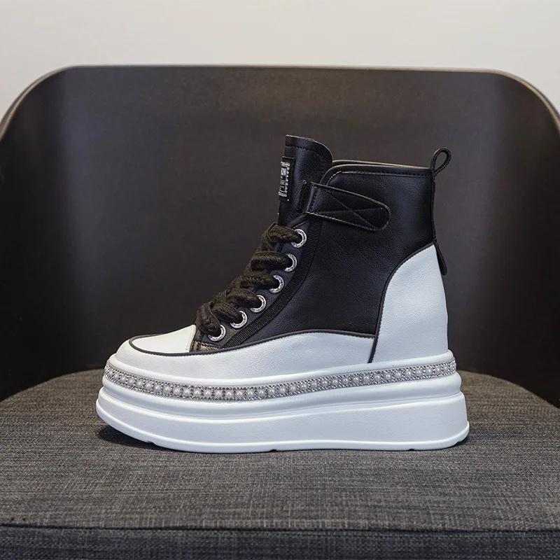 Fashion Women's Leather Shoes Spring and Autumn New Muffin Women Shoes with High Heels and Thick Soles Inside To Increase High Top Shoes