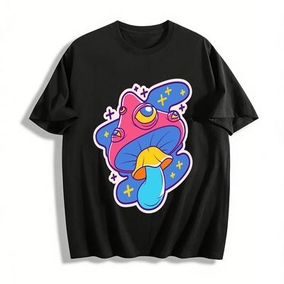 Weird Multi-eyed Mushroom Print T-shirt Trendy Street Style Unisex Loose Casual Top Pure Cotton T-shirt