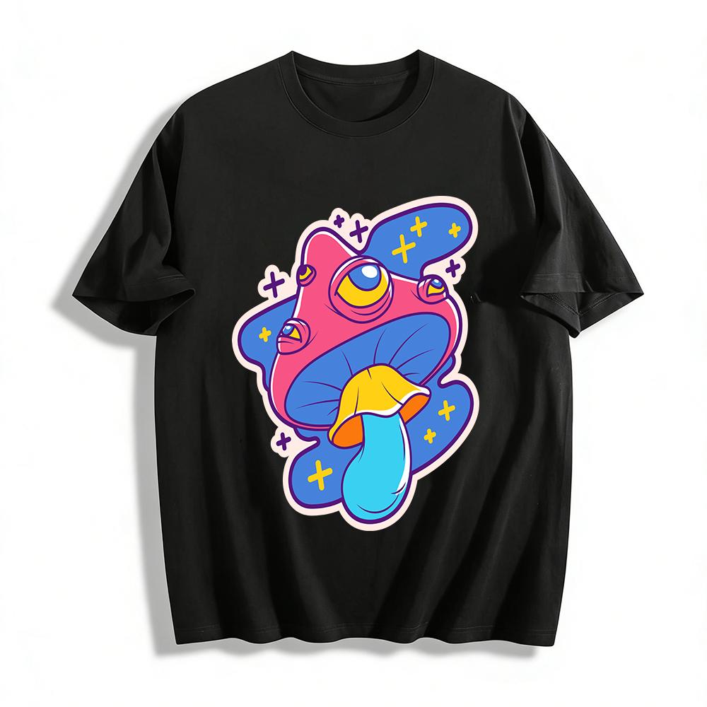 Weird Multi-eyed Mushroom Print T-shirt Trendy Street Style Unisex Loose Casual Top Pure cotton T-shirt XXS
