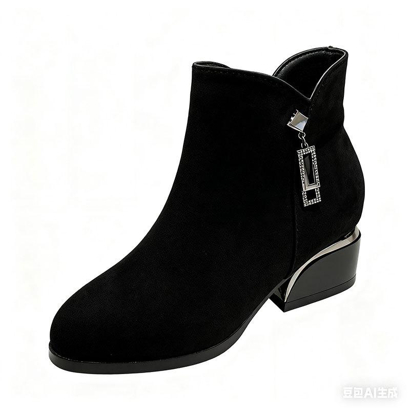 Soft Leather Short Boots Women's New Autumn and Winter Thick Heel Middle Heel Matte Suede Women's Shoes Round Head Velvet Leather Shoes