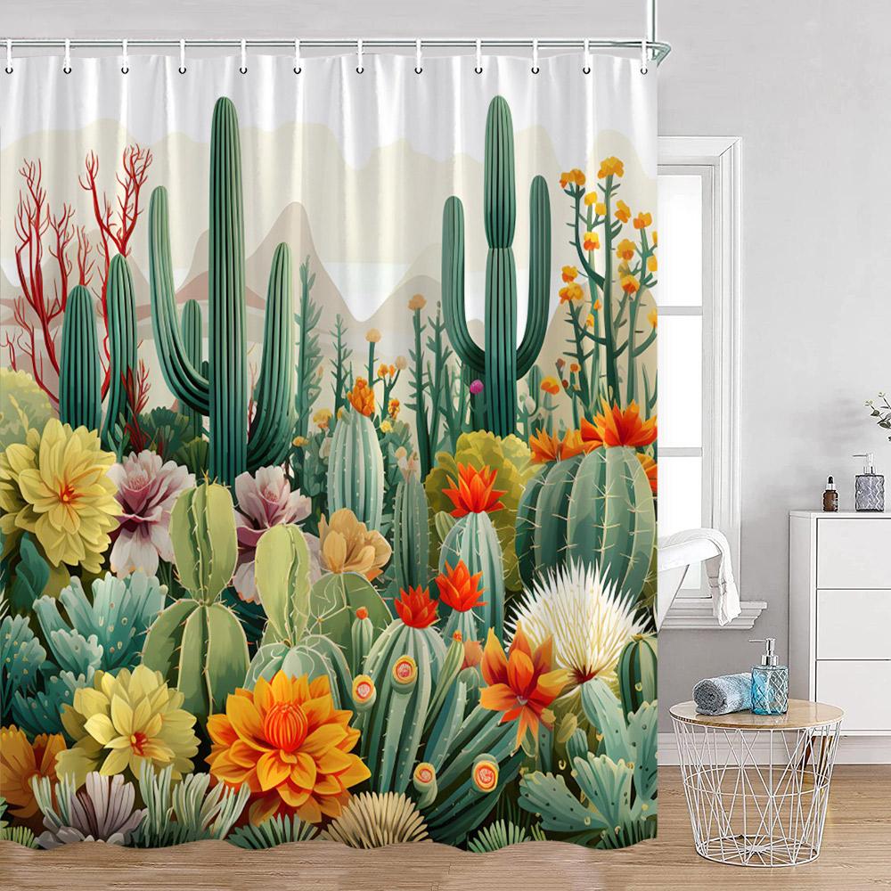 Plant Shower Curtain Cats Green Potted Plants Leaves Cat on the Toilet Modern Bathroom Decor Polyester Fabric Bathtub Curtain