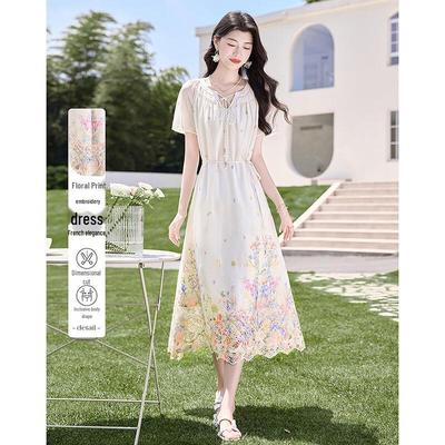 Elegant Floral Embroidered Short Sleeve Midi Dress
