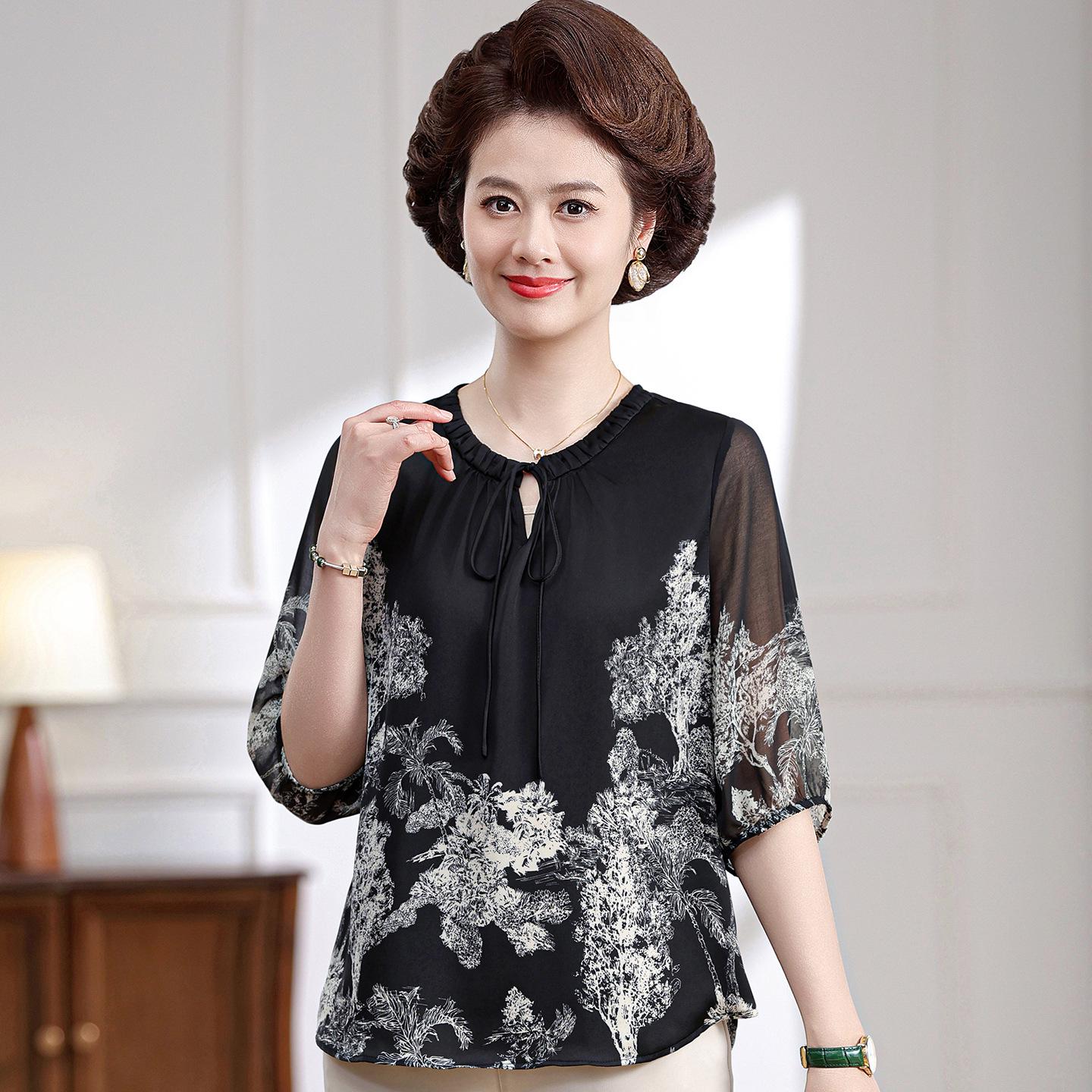 

Mother s Ink Painting Acetate Chiffon Shirt - Summer 2026 Retro Mid-Length Top L (for 80-100 pounds) чорний