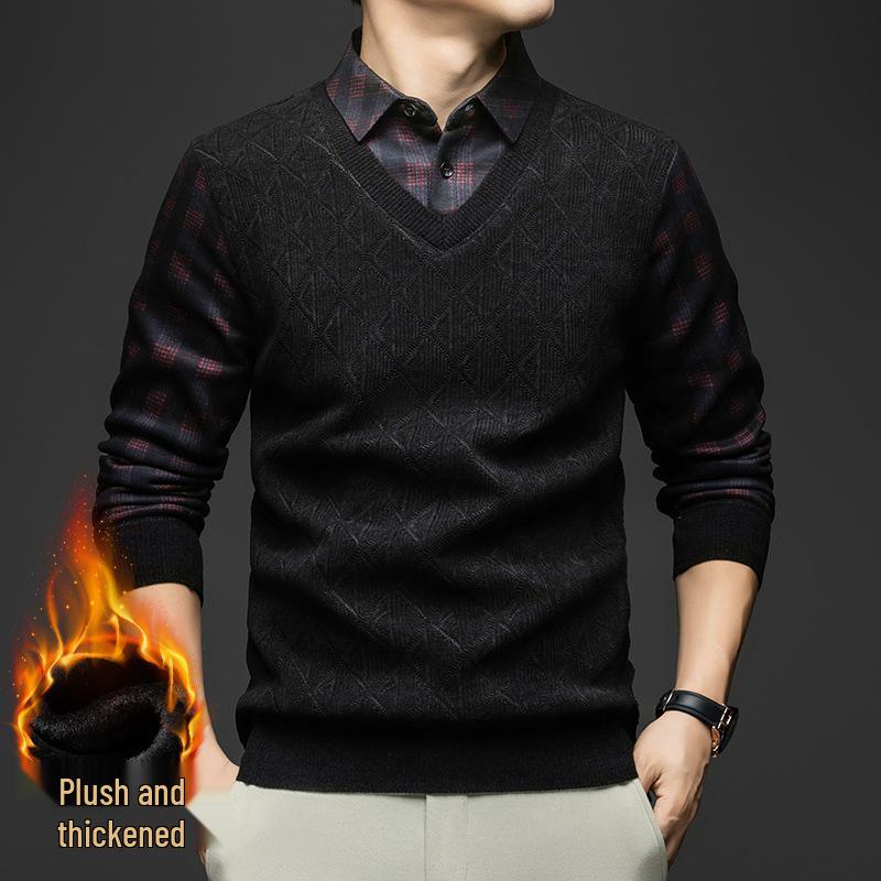 Two-Piece Look Men s Dad Style Plus Velvet Thick Sweatshirt - Business Casual Winter Knit Base Layer 2XL чёрный