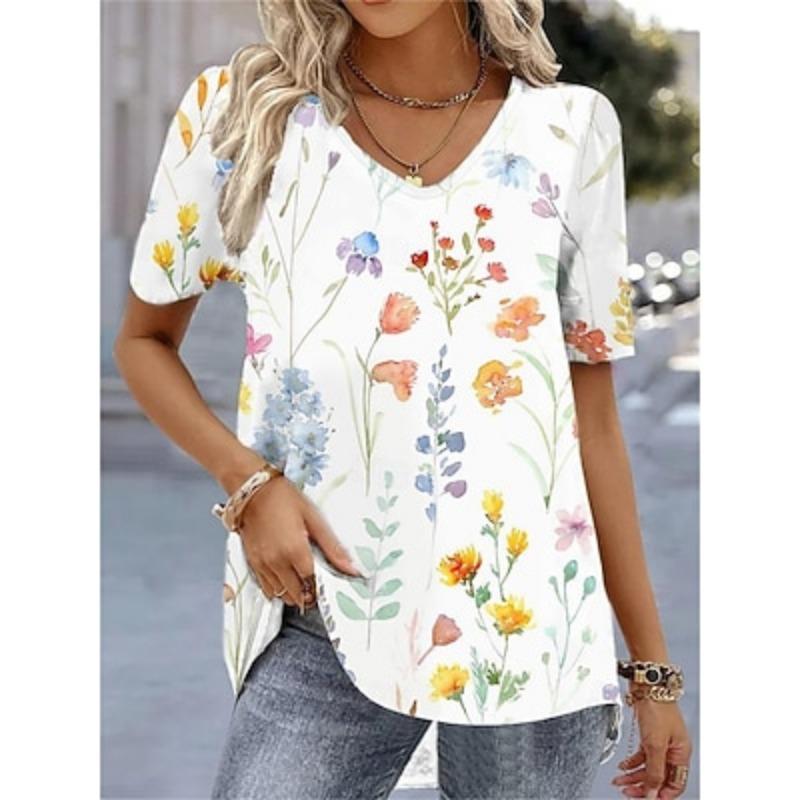 Women s T Shirt Basic Striped Print Short Sleeve Regular Tops V Neck Daily Weekend S