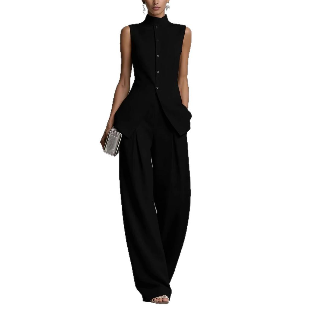 2026 European and American drape cotton and linen shirt solid color fashion temperament sleeveless trousers suit