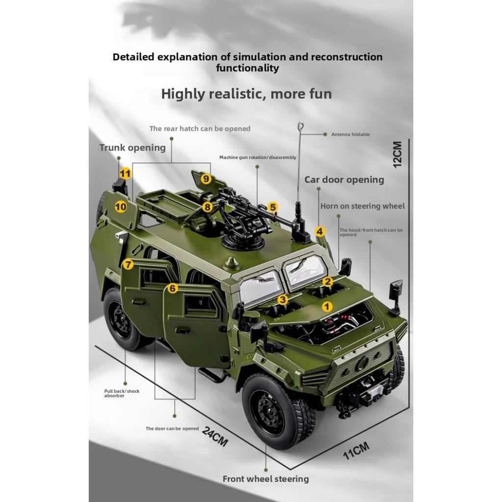 1/18 DONGFENG Warrior Military Alloy Armored Car Model Diecasts Metal Tank Explosion Proof Car Off-road Vehicles Model Sound Light Kids Toys Gift