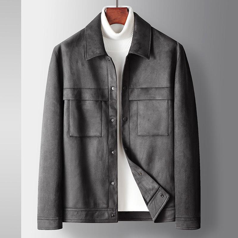 

Весна, осень и зима Новая замшевая куртка свободного покроя для людей среднего возраста и молодежи в стиле мини-широкого повседневного стиля Tide M темно-серого