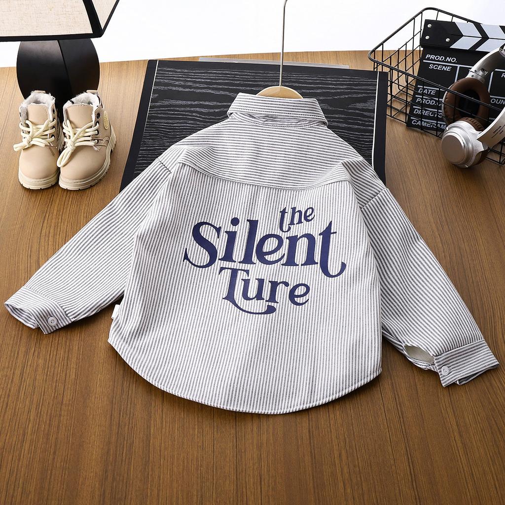 Boys' Cotton Shirts, Spring and Autumn Children's Handsome Striped Shirts, Korean Version of The Big Children's Outer Wear Long Sleeves