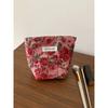 Vintage Makeup Bag Dark Red Floral Jacquard Fabric Cosmetic Pouch Women's Zip Square Clutch Handbag for Toiletries Storage