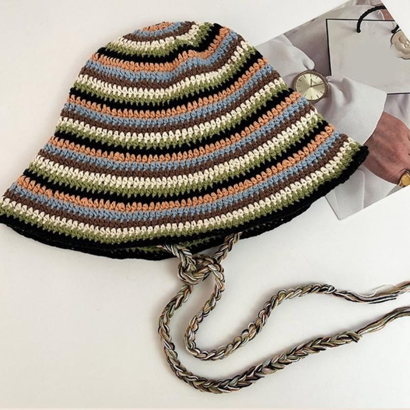 Summer Fisherman Hat for Woman Weaving Bucket Hat Crochet Stripe Pattern Cap