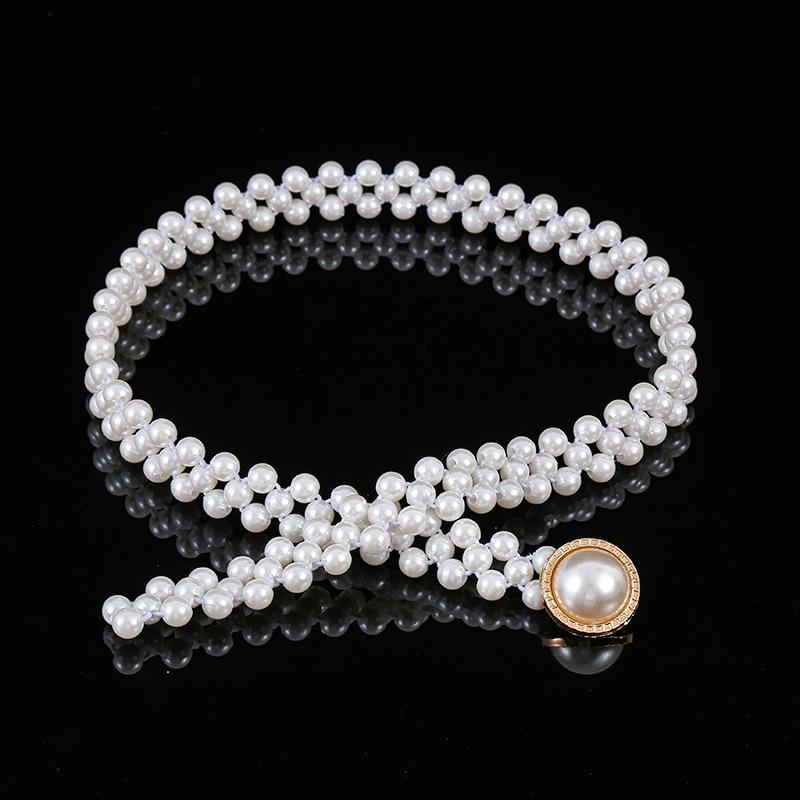 "Korean Style Rhinestone Pearl Waist Chain for Women – Fashionable, Sweet, Elastic Belt"