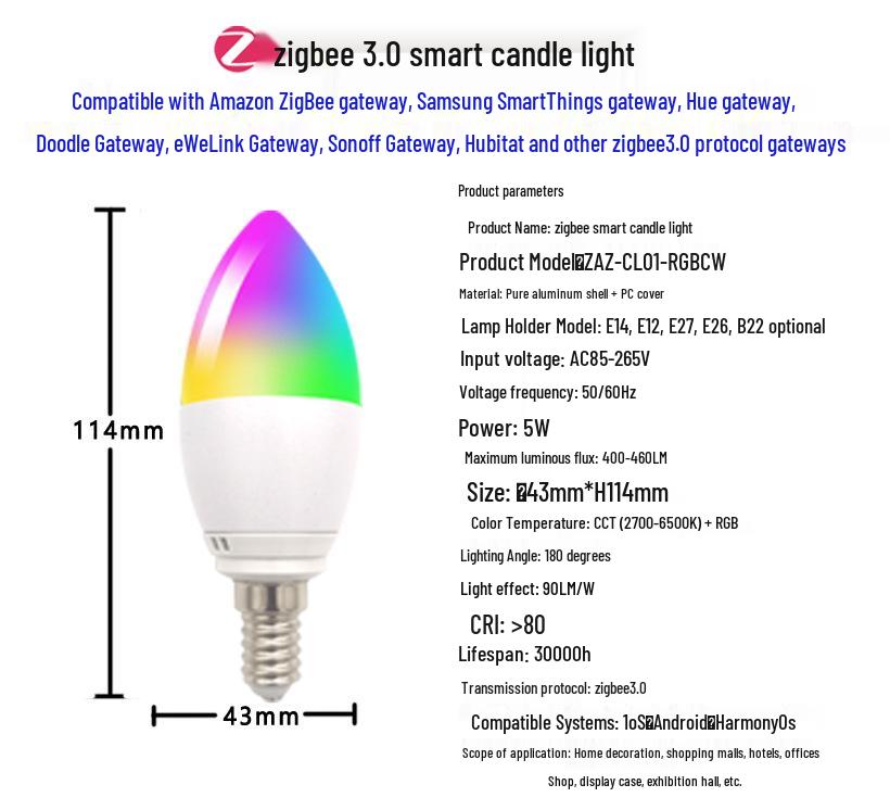 Zigbee Smart Candle Light: Alexa-Enabled, Color-Changing, Dimmable Mobile App Remote Support.
