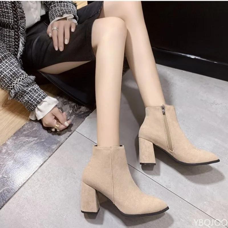 Women's Warm Boots Fashion Mid Heel Autumn New Style Side Zipper Suede Tip Versatile Comfortable Coarse Heel Women's Shoes