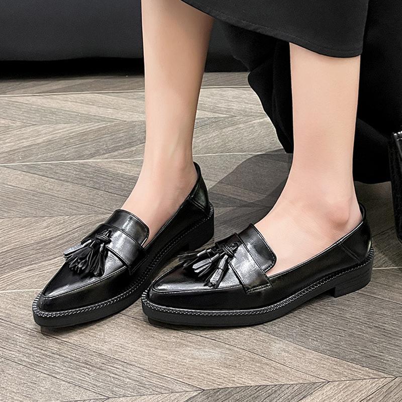 Pointed Toe Tassel Oxfords Woman Solid Small Leather Shoes Ladies Thicken Soled Flats Mocasines Mujer Loafers Barefoot Sneakers